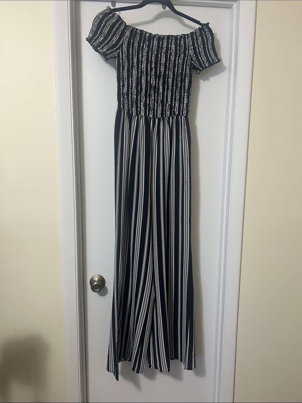 Off-Shoulder Black & White Striped jumpsuit